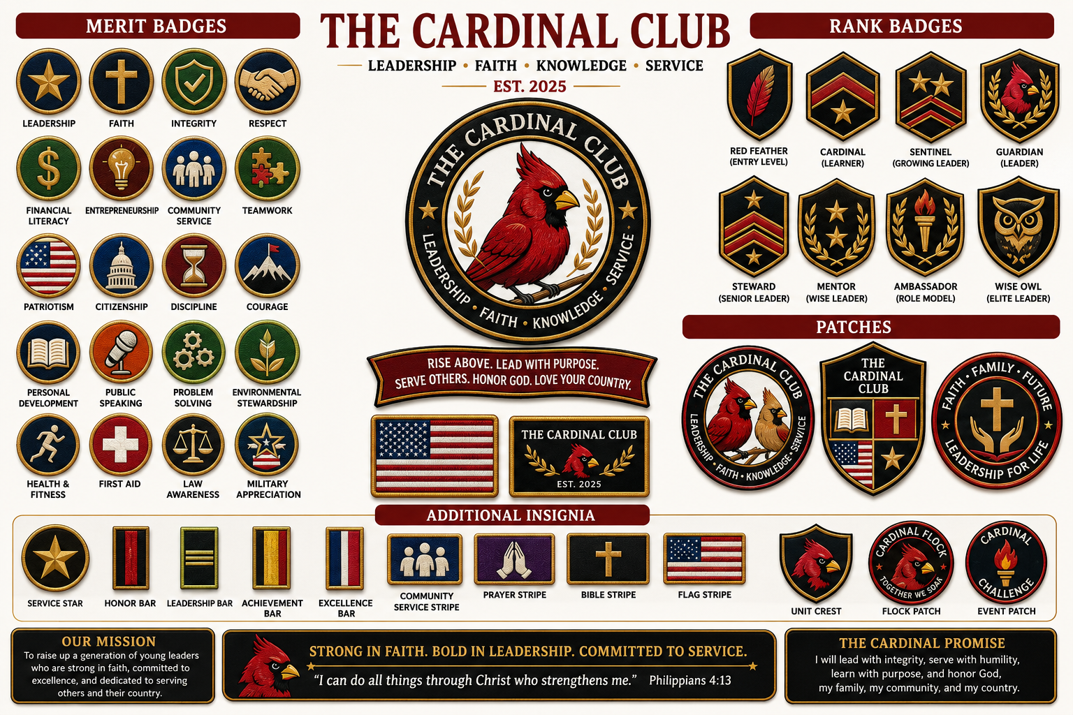 Cardinal Club badges, ranks and patches